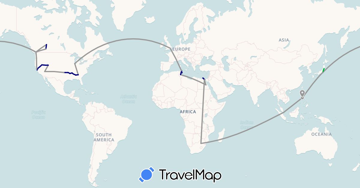 TravelMap itinerary: driving, bus, plane in Canada, Egypt, United Kingdom, Japan, Philippines, Singapore, Tunisia, United States, South Africa (Africa, Asia, Europe, North America)